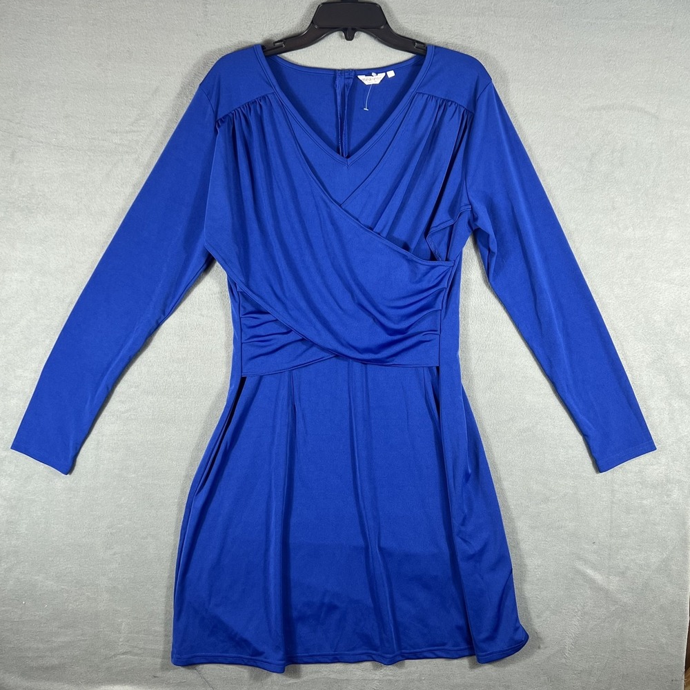 meaeor Women's Royal Blue Wrap Ruched Dress Long Sleeve V-Neck Knee Length XXL